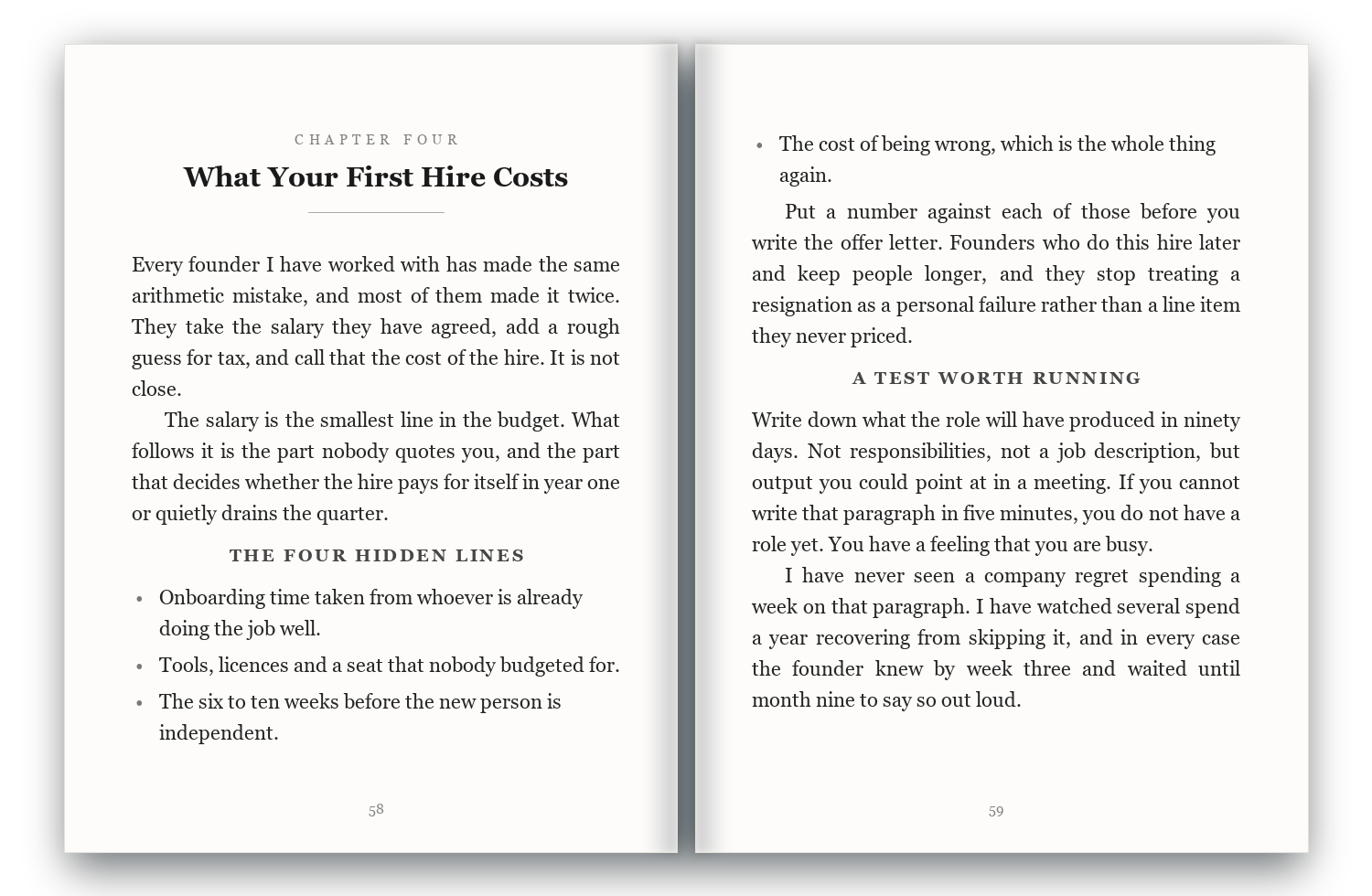 The same business pages typeset: letterspaced subheads and a properly set bulleted list.