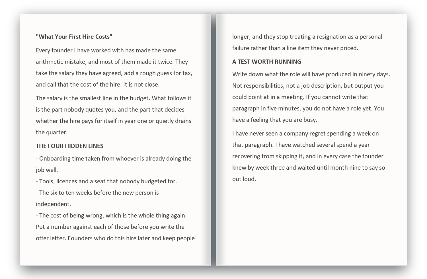 Business manuscript before formatting: flat headings and dashes used as bullets.
