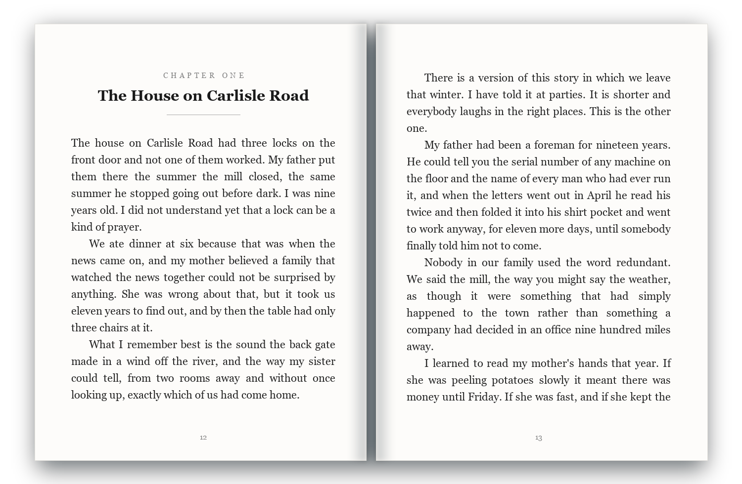 The same memoir pages typeset: chapter title, justified text, indented paragraphs and page numbers.